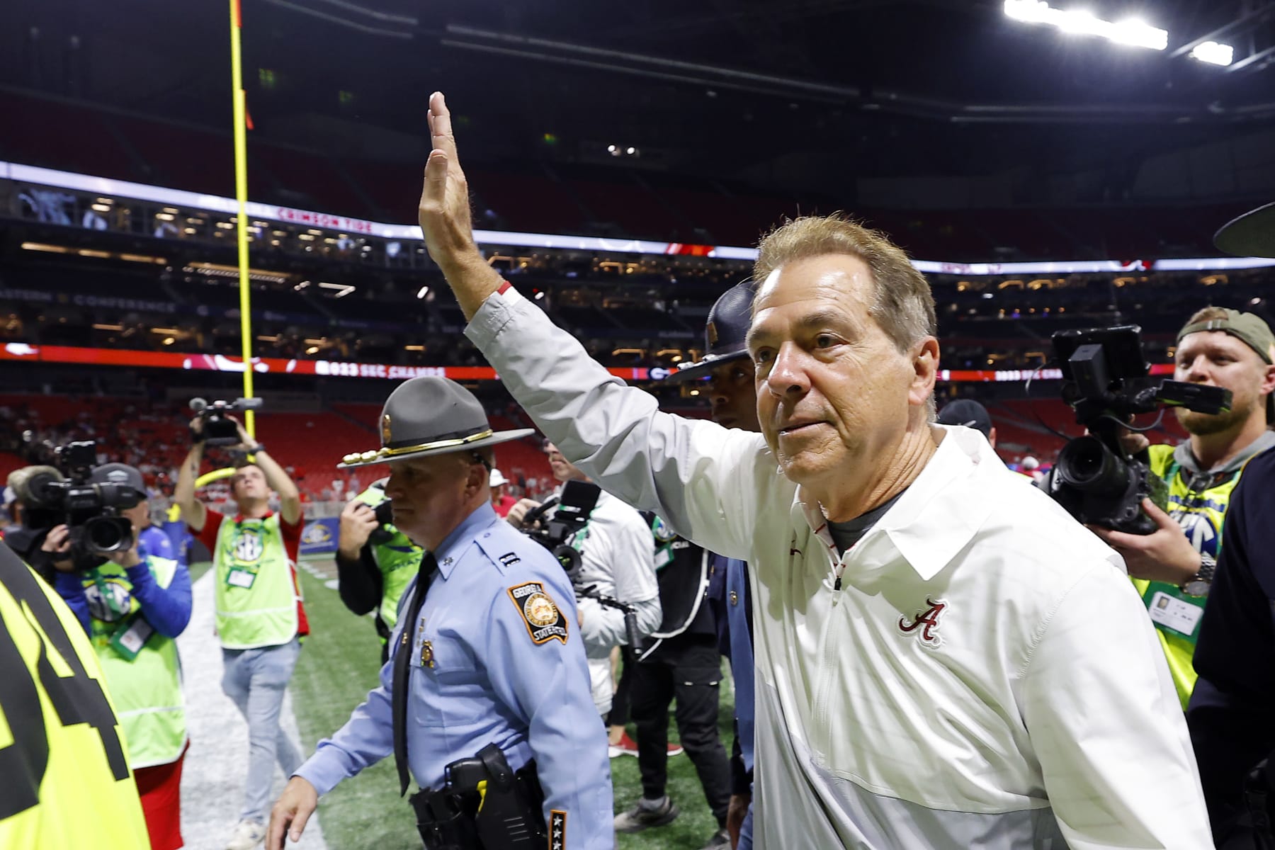 ATLANTA, GEORGIA - DECEMBER 02: Head coach Nick Saban of the Alabama Crimson Tide celebrates after defeating the Georgia Bulldogs 27-24 in the SEC Championship at Mercedes-Benz Stadium on December 02, 2023 in Atlanta, Georgia. (Photo by Todd Kirkland/Getty Images)